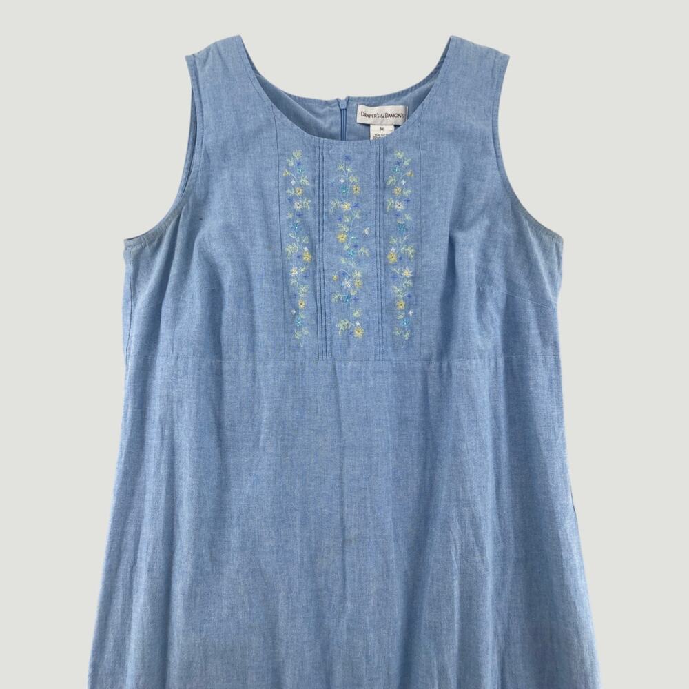 Embroidered Chambray Maxi Dress Cottagecore Prairie Blue Sleeveless Medium - Picture 4 of 9
